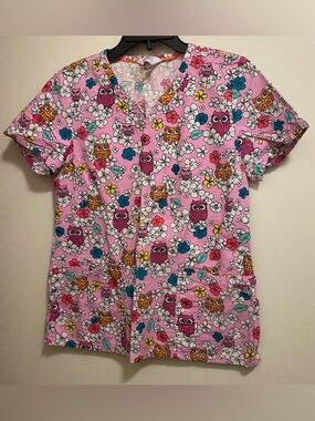 Code Happy Womens Scrubs Scrub Top M Medium Bust 36” Pink Owls Owl Floral Print